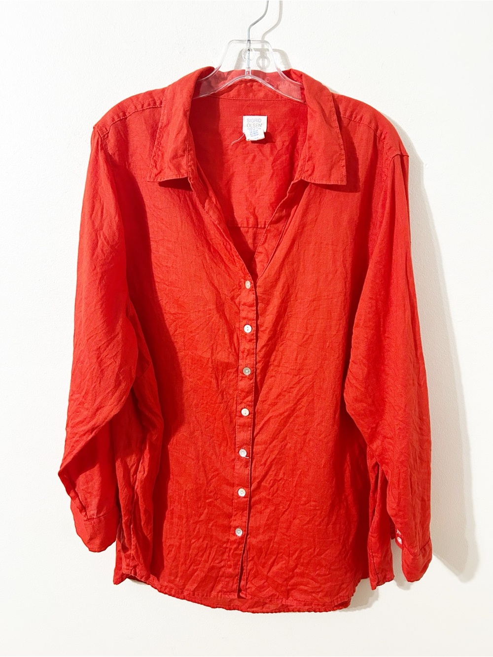 Sigrid Olsen Orange Red 100% Linen Button Front Long Sleeve Tunic Shirt Size 2X